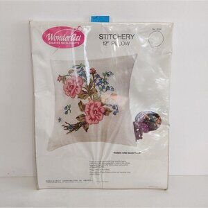 WonderArt Creative Needlecraft Stitchery 12" Pillow Roses And Bluebells No 9104